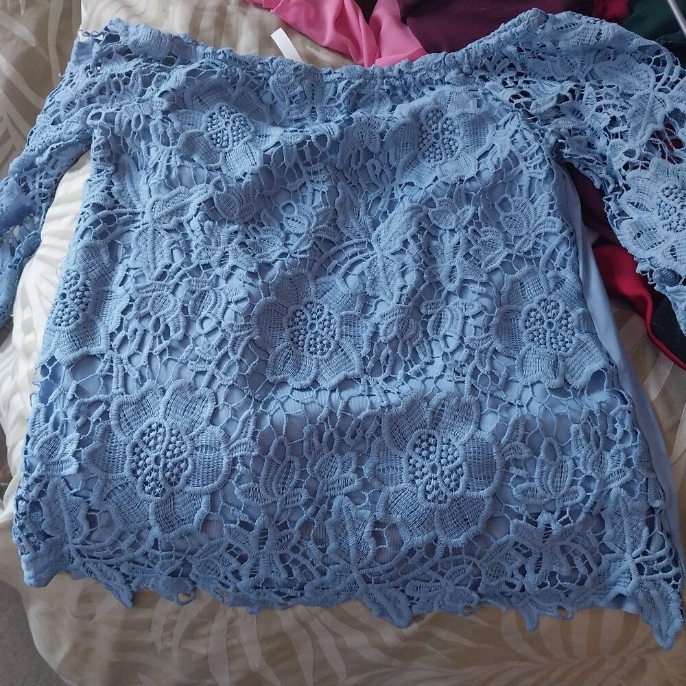 Periwinkle-Blue Lace Bardot Top Size Small